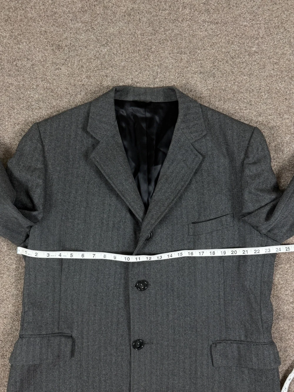 Vintage‎ Grey Herringbone 100% Wool Long Single Breasted Coat Men’s L Overcoat